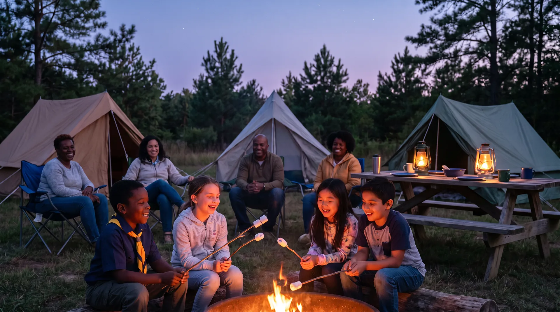 Families roasting marshmallows at a campfire at dusk with tents and lanterns behind them