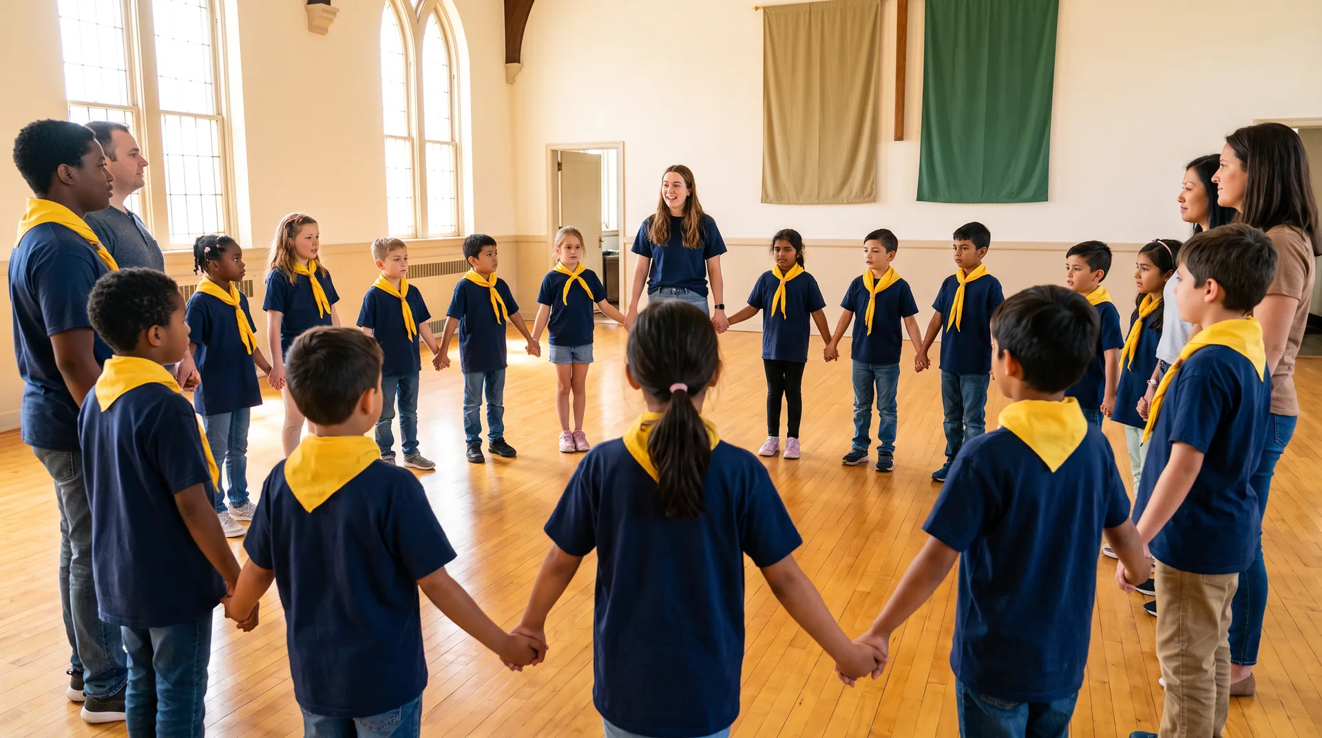 A circle of young children in navy shirts and yellow neckerchiefs holding hands in a sunlit church hall