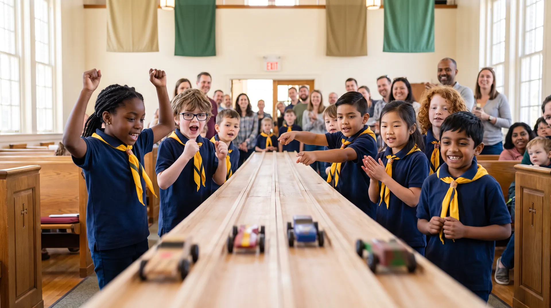 Children of many backgrounds cheer along a wooden Pinewood Derby track in a bright church hall