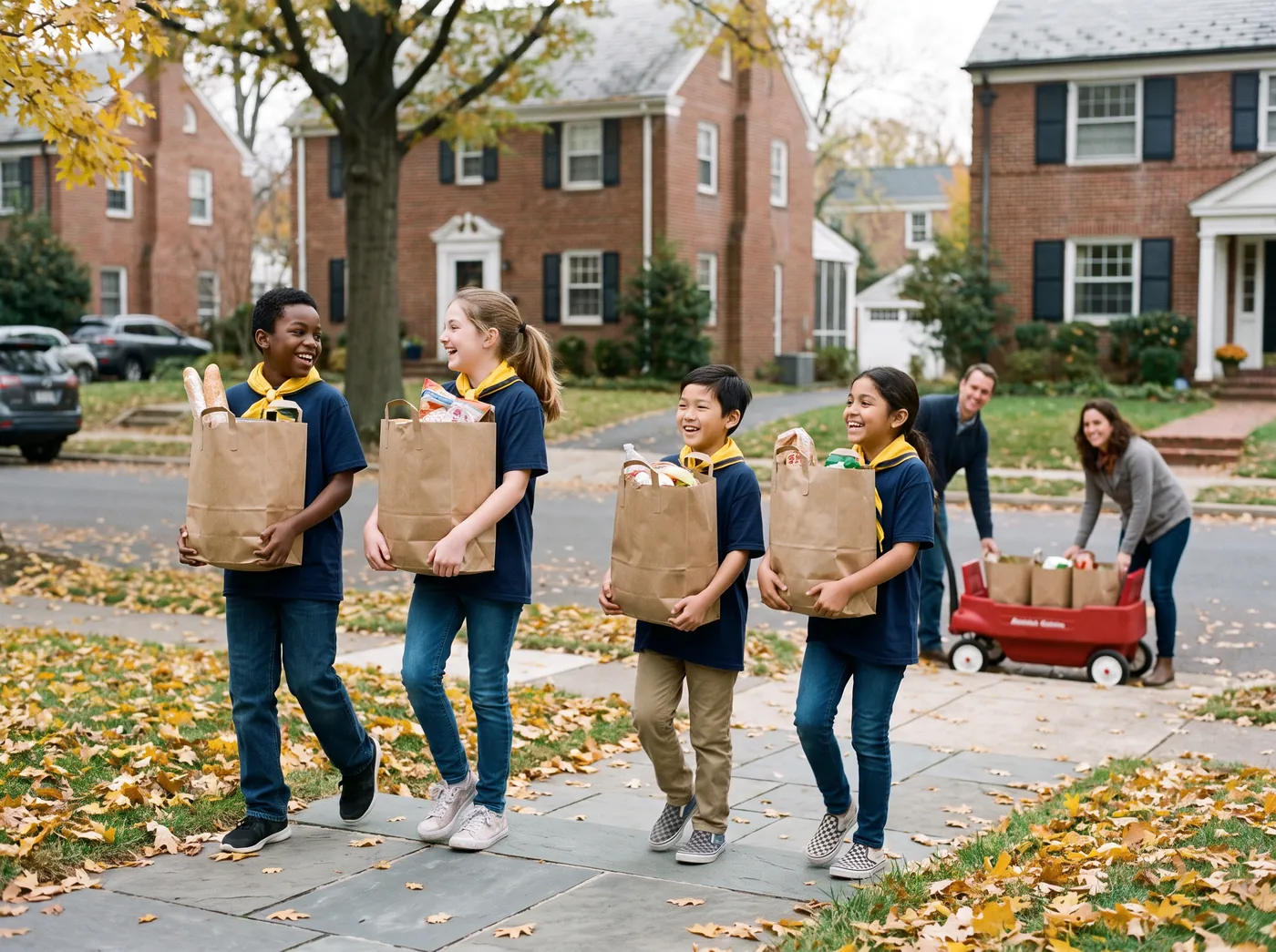 Four kids carrying grocery bags of donated food along a leafy brick-house street