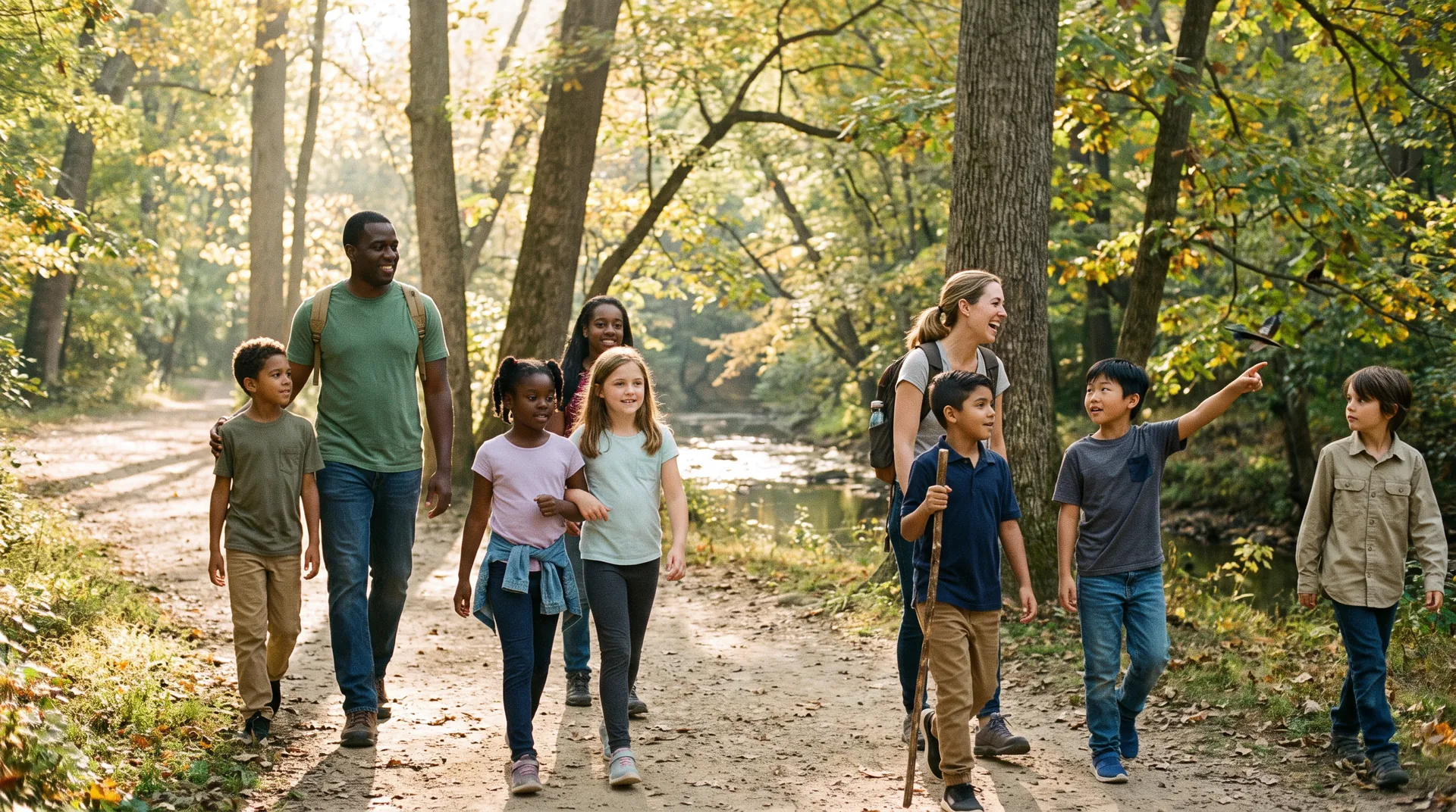 Kids and parents laughing on a sunlit wooded trail beside a creek