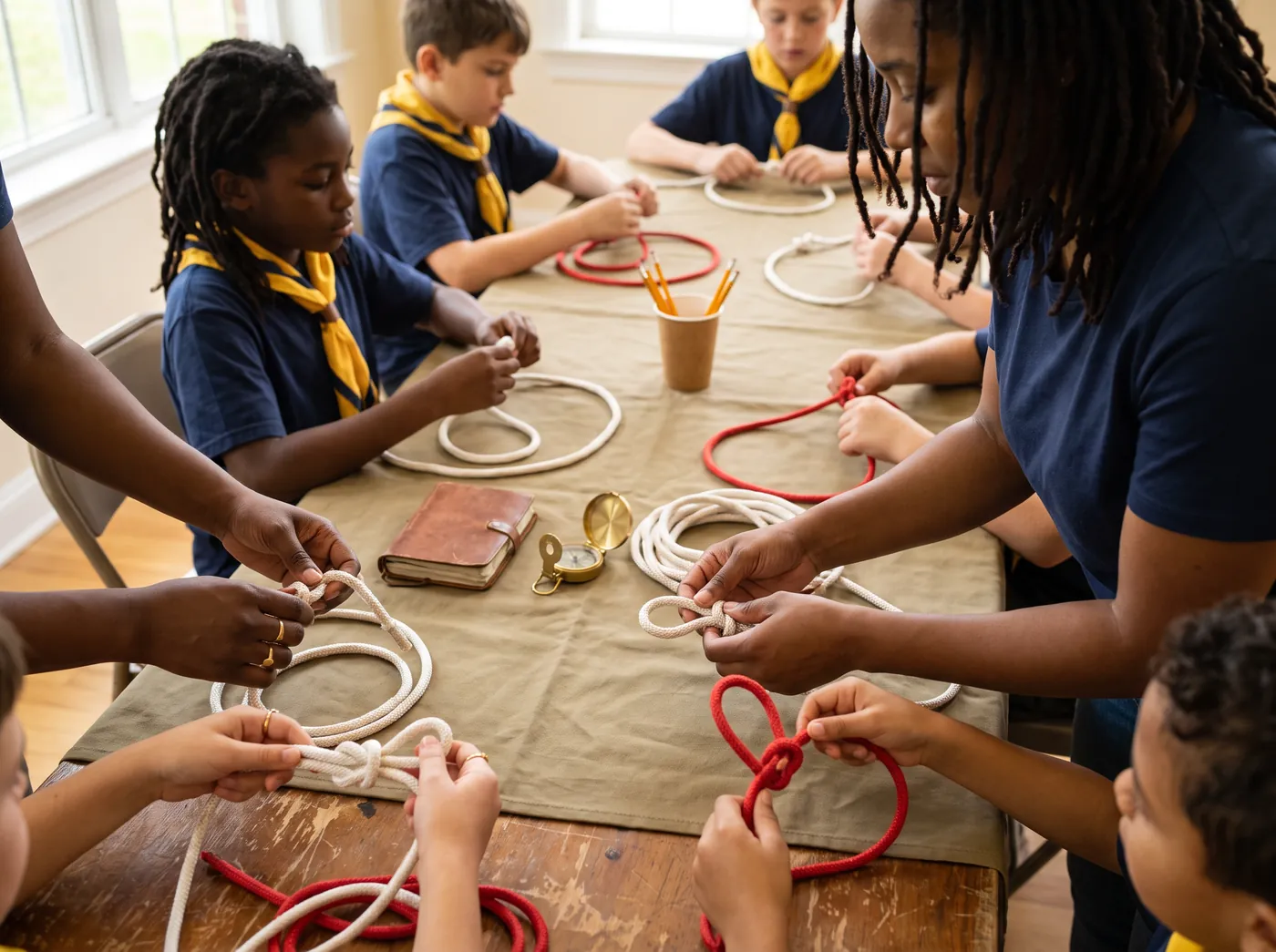 Hands of many skin tones tying knots with red and white rope on a khaki tablecloth