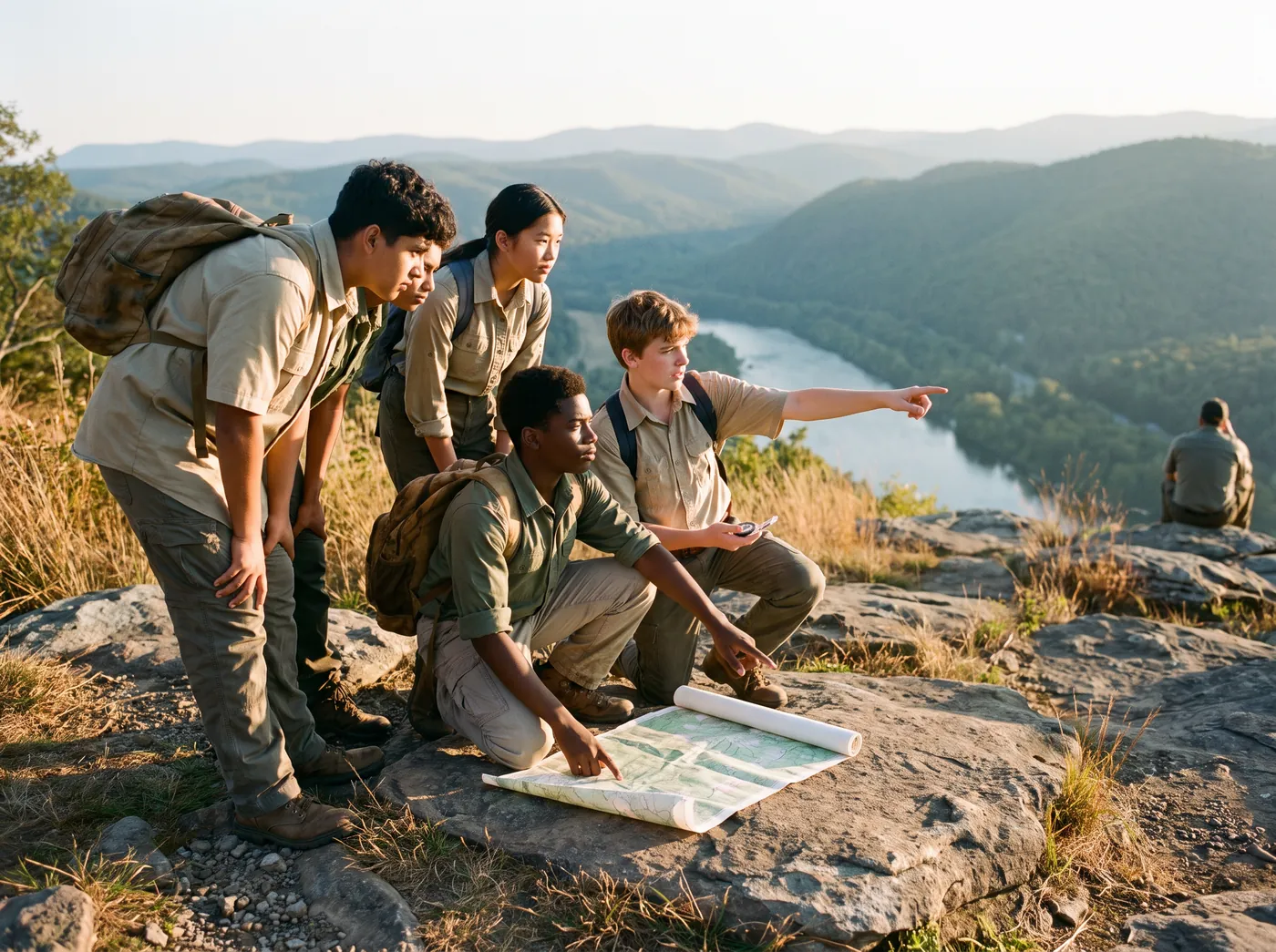 Teenagers reading a topographic map together on a rocky overlook above a river valley