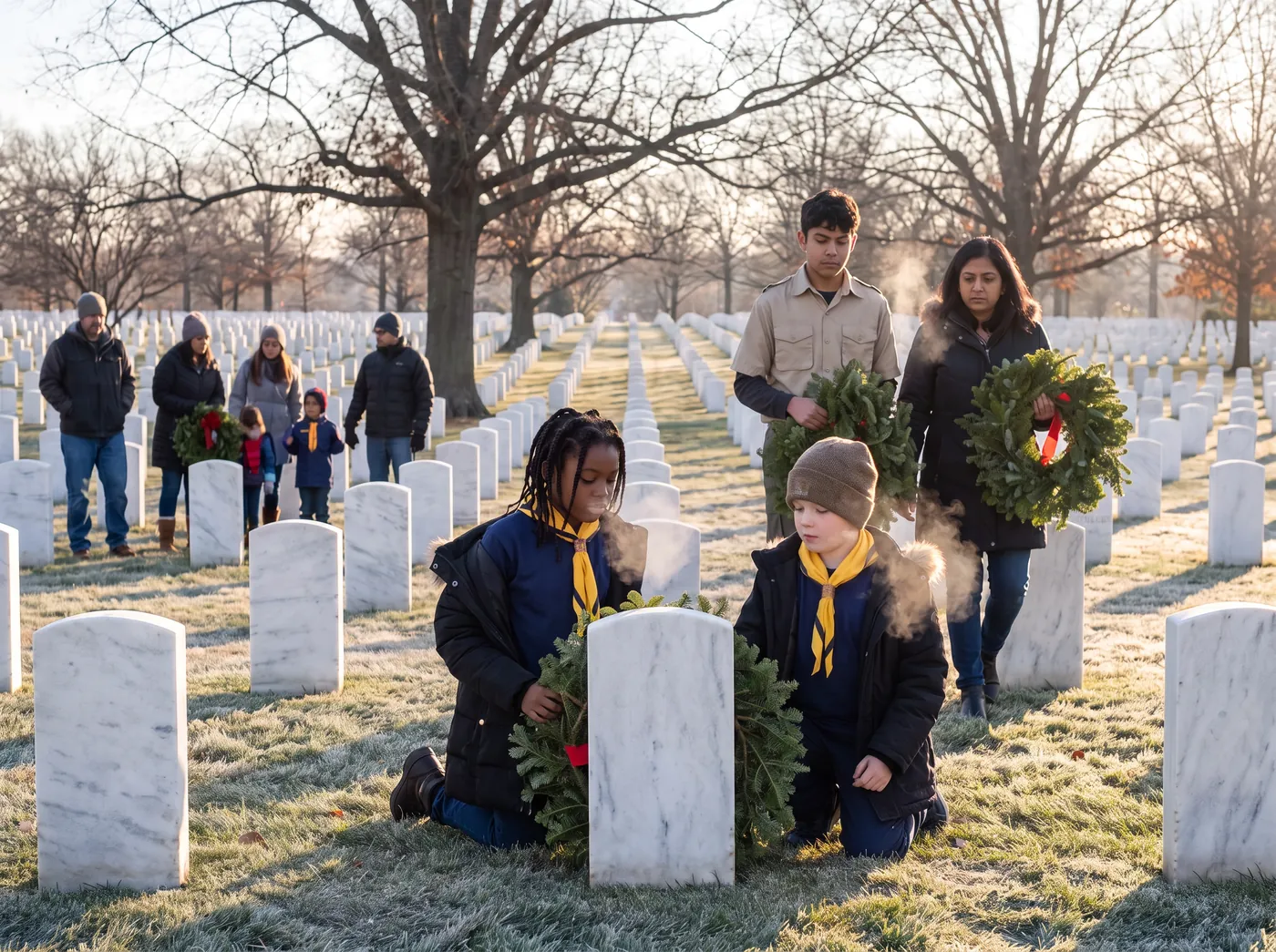 Two children kneel to place an evergreen wreath at a white headstone on a frosty morning